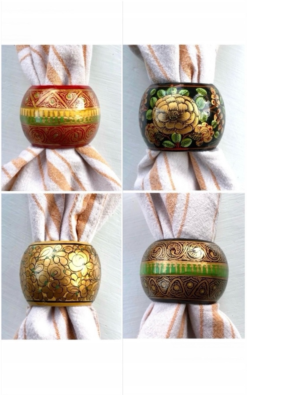 Wooden black lacquer folk art napkin rings set of 4